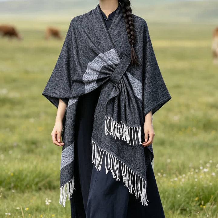 Buddha Stones Chal acogedor de otoño/invierno con diseño de borlas, rayas y hebilla estilo boho. - image 14
