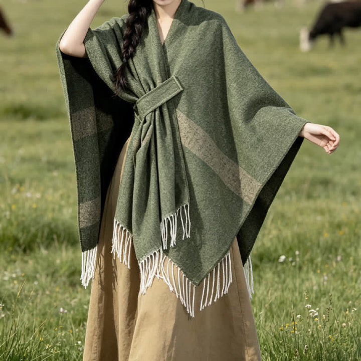 Buddha Stones Chal acogedor de otoño/invierno con diseño de borlas, rayas y hebilla estilo boho. - image 18