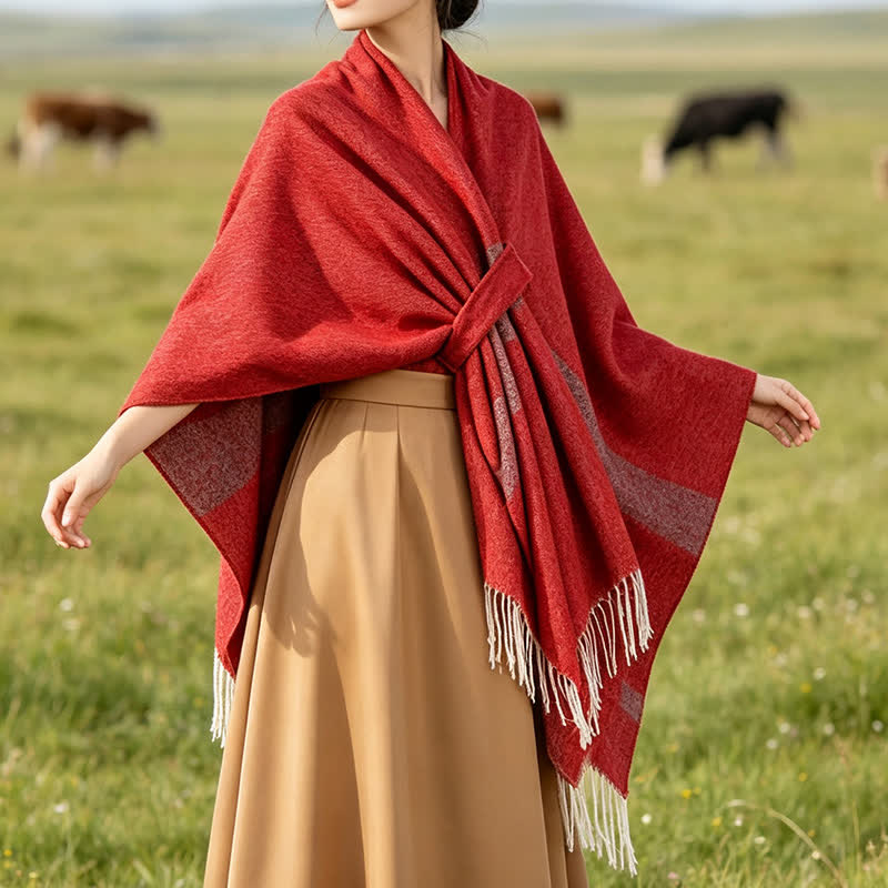 Buddha Stones Chal acogedor de otoño/invierno con diseño de borlas, rayas y hebilla estilo boho. - image 24