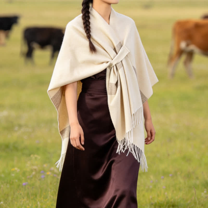 Buddha Stones Chal acogedor de otoño/invierno con diseño de borlas, rayas y hebilla estilo boho. - image 35