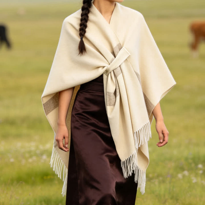 Buddha Stones Chal acogedor de otoño/invierno con diseño de borlas, rayas y hebilla estilo boho. - image 37