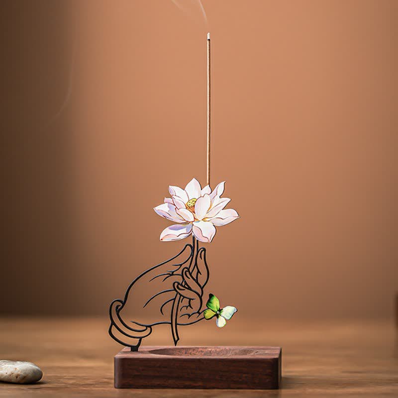 Buddha Stones Quemador de incienso vertical con forma de mariposa loto y mano, símbolo de iluminación - Rosa - image 0