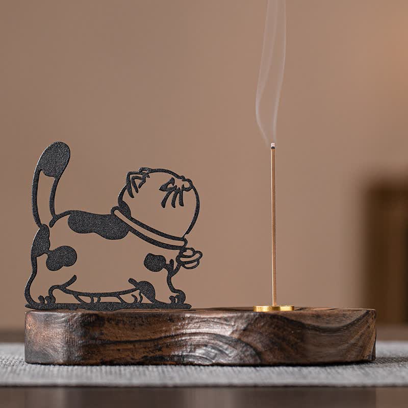 Buddha Stones Farola de hierro vintage con forma de gato, base de madera, quemador de incienso para meditación. - Vista lateral del gato - image 0