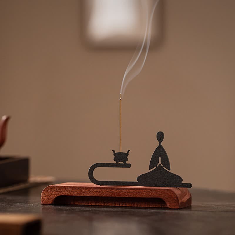 Buddha Stones Quemador de incienso de meditación Zen Monk de madera natural y hierro - image 4