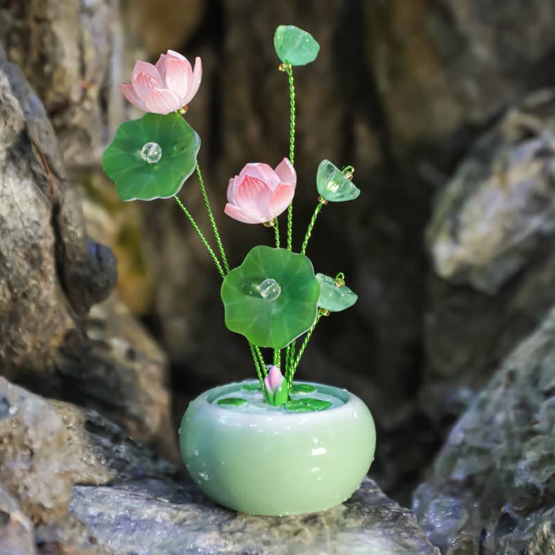 Buddha Stones Frasco de fragancia en forma de lágrima con aroma a loto de resina, de Mindful Living Decor. - Verde - Dos lotos - image 0