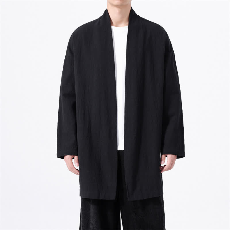 Buddha Stones Kimono de hombre de algodón liso, estilo casual y minimalista para primavera. - Negro - US/UK/AU46, EU56 (5XL) - image 8
