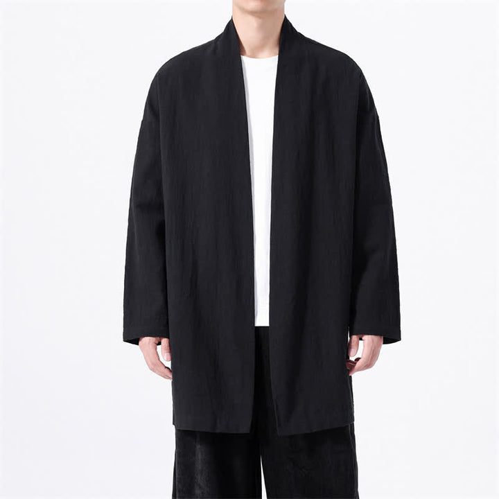 Buddha Stones Kimono de hombre de algodón liso, estilo casual y minimalista para primavera. - Negro - US/UK/AU46, EU56 (5XL) - image 8