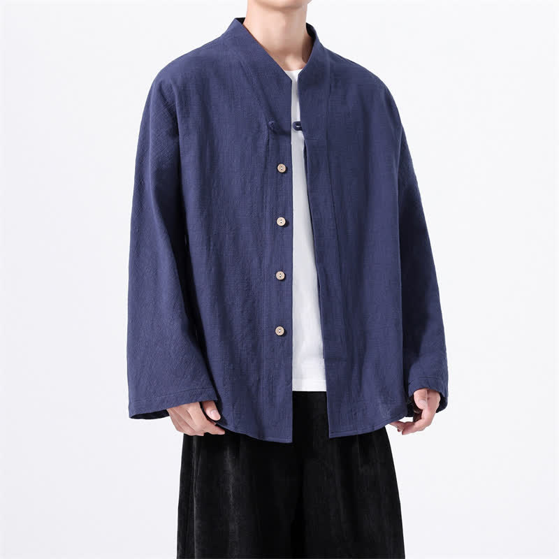 Buddha Stones Camisas de manga larga para hombre de algodón liso con cuello mandarín, estilo minimalista Tang, ideales para otoño. - Marina de guerra - US/UK/AU46, EU56 (5XL) - image 0