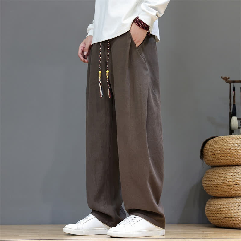 Buddha Stones Pantalones largos casuales de otoño/invierno con cordón ajustable, color liso, para hombre, pierna recta y bolsillos. - Marrón silla de montar - US/UK/AU46, EU56 (5XL) - image 0