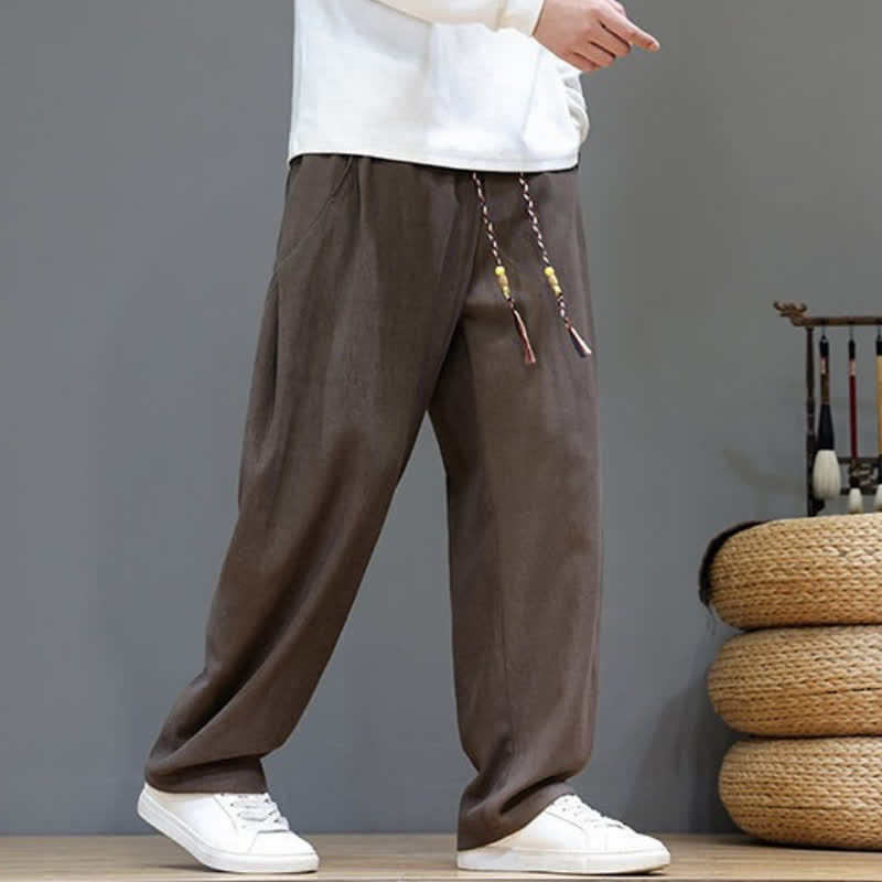 Buddha Stones Pantalones largos casuales de otoño/invierno con cordón ajustable, color liso, para hombre, pierna recta y bolsillos. - image 1