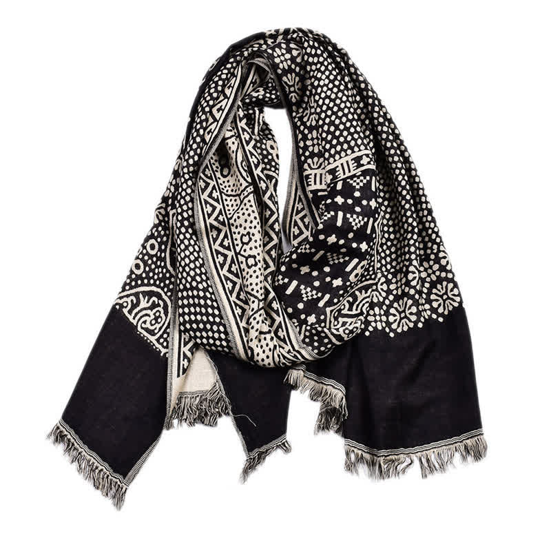 Bufanda reversible y acogedora para hombre con borlas, estampado geométrico paisley y Buddha Stones, ideal para otoño e invierno. - Negro - Aprox. 25,6 pulgadas × 77,0 pulgadas / 65 × 195 cm - image 8