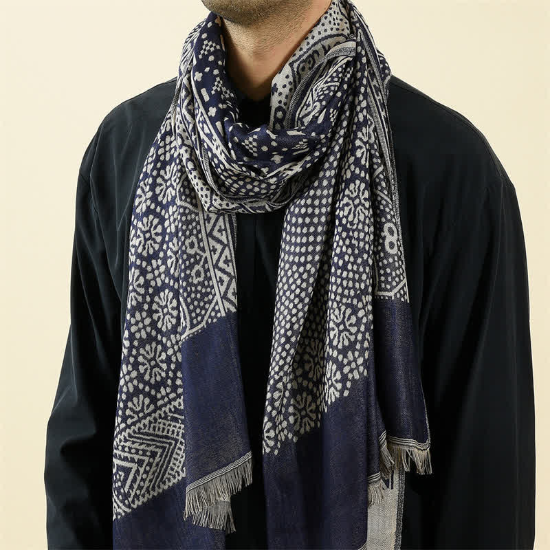 Bufanda reversible y acogedora para hombre con borlas, estampado geométrico paisley y Buddha Stones, ideal para otoño e invierno. - Marina de guerra - Aprox. 25,6 pulgadas × 77,0 pulgadas / 65 × 195 cm - image 0