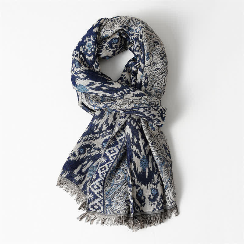 Bufanda reversible para hombre con borlas y estampado geométrico paisley de Buddha Stones , ideal para otoño e invierno. - SteelBlue Aprox. 25,6 pulgadas × 70,9 pulgadas / 65 × 180 cm - image 9