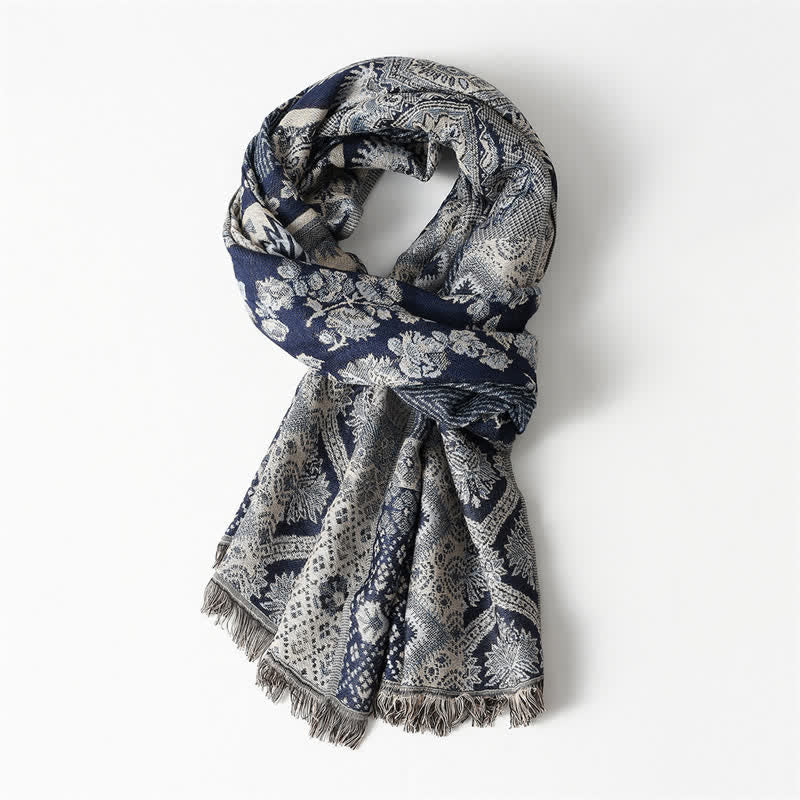 Bufanda reversible para hombre con borlas y estampado geométrico paisley de Buddha Stones , ideal para otoño e invierno. - Azul marino Aprox. 25,6 pulgadas × 70,9 pulgadas / 65 × 180 cm - image 1