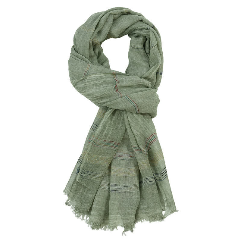Bufanda para hombre con borla deshilachada, estampado de Buddha Stones, tonos tierra, rayas finas, primavera y otoño. - Verde mar oscuro - Aprox. 35,4 pulgadas × 74,8 pulgadas / 90 × 190 cm - image 2