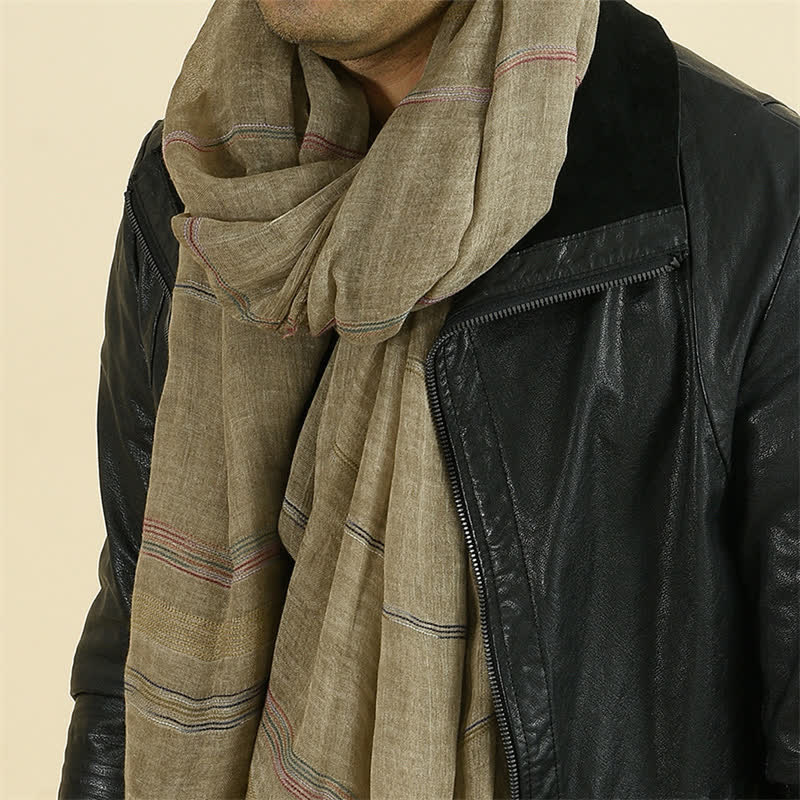Bufanda para hombre con borla deshilachada, estampado de Buddha Stones, tonos tierra, rayas finas, primavera y otoño. - Broncearse - Aprox. 35,4 pulgadas × 74,8 pulgadas / 90 × 190 cm - image 0
