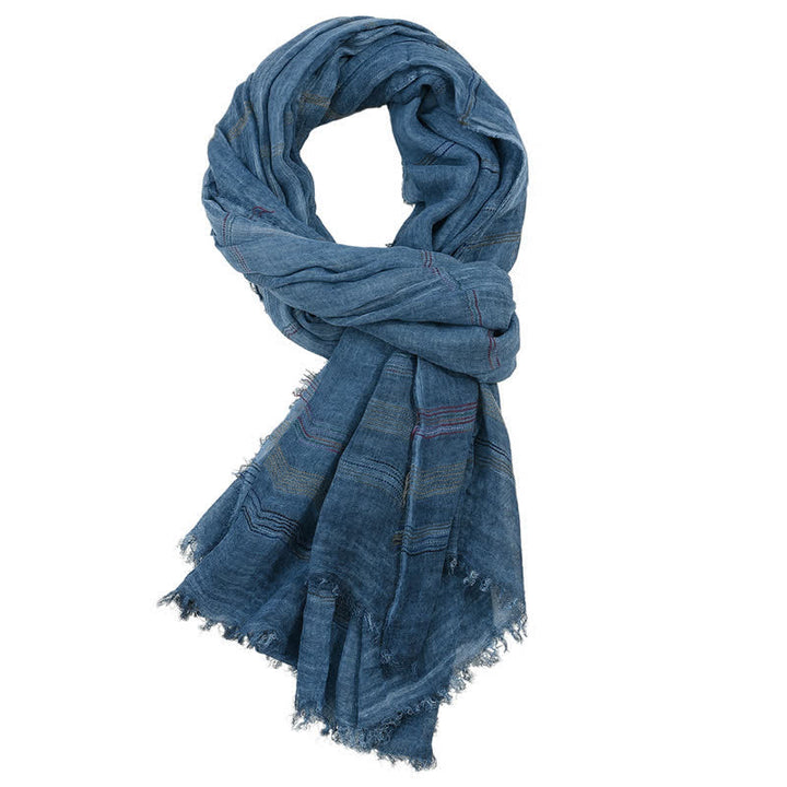 Bufanda para hombre con borla deshilachada, estampado de Buddha Stones, tonos tierra, rayas finas, primavera y otoño. - Marina de guerra - Aprox. 35,4 pulgadas × 74,8 pulgadas / 90 × 190 cm - image 4