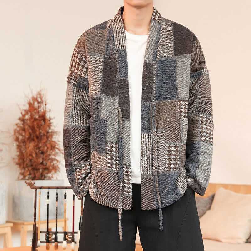 Buddha Stones Kimono de hombre informal de otoño/invierno, estilo vintage, con cordón ajustable, estampado a cuadros y patchwork, con bolsillos. - image 1