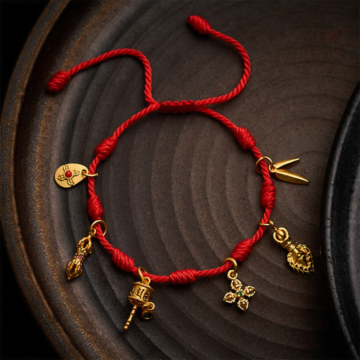 Buddha Stones Pulsera de la suerte hecha a mano con hilo rojo de siete nudos, Om Mani Padme Hum, rueda de oración Vajra, hoja de bambú Zakiram - Rojo (Circunferencia de la muñeca: 5,9–7,5 pulgadas / 15–19 cm) - image 0