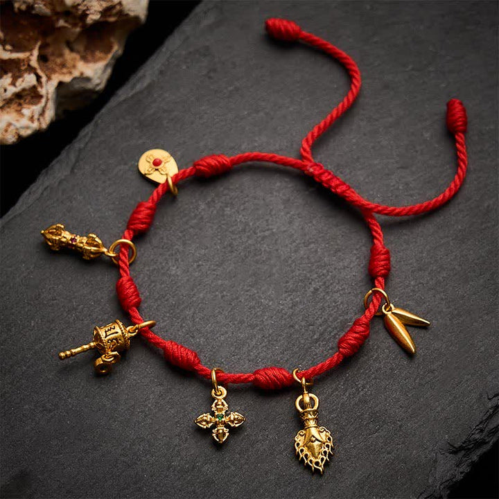 Buddha Stones Pulsera de la suerte hecha a mano con hilo rojo de siete nudos, Om Mani Padme Hum, rueda de oración Vajra, hoja de bambú Zakiram - image 2