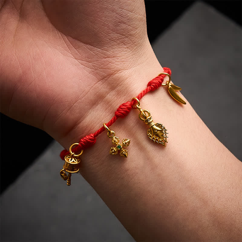 Buddha Stones Pulsera de la suerte hecha a mano con hilo rojo de siete nudos, Om Mani Padme Hum, rueda de oración Vajra, hoja de bambú Zakiram - image 4