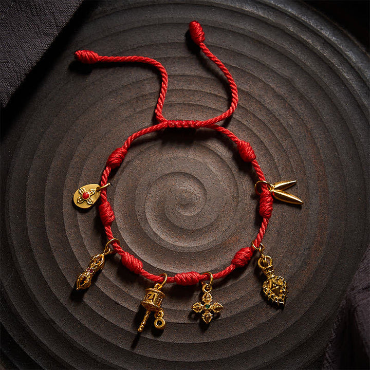 Buddha Stones Pulsera de la suerte hecha a mano con hilo rojo de siete nudos, Om Mani Padme Hum, rueda de oración Vajra, hoja de bambú Zakiram - image 8
