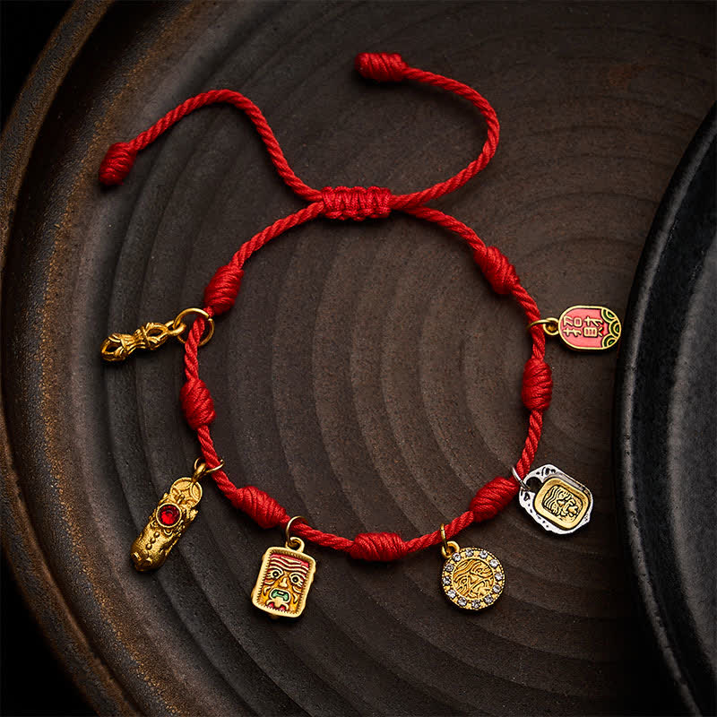 Buddha Stones Pulsera de la suerte Zakiram de siete nudos con hilo rojo, símbolo Fu Pixiu Vajra, hecha a mano, para la fortuna y las bendiciones. - Rojo (Circunferencia de la muñeca: 5,9–7,5 pulgadas / 15–19 cm) - image 0