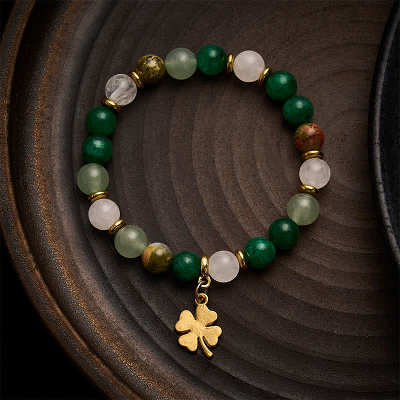 Buddha Stones Pulsera redonda de cuentas de aventurina verde con trébol de cuatro hojas para la buena suerte - image 1