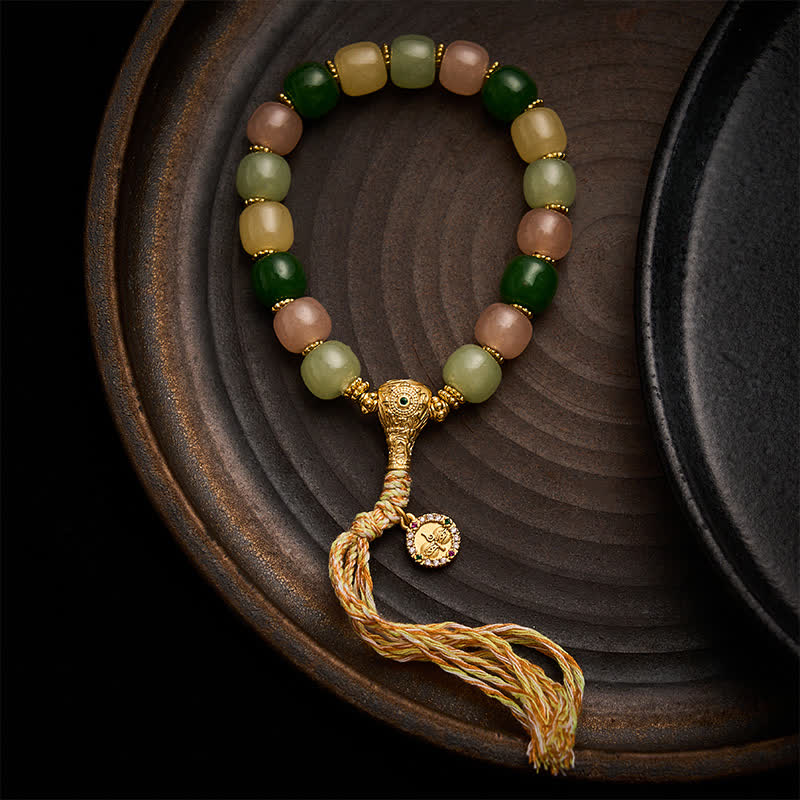 Buddha Stones Pulsera de cuentas rectangulares redondeadas de jade jade cuarcita color jade armonía - Borla multicolor de 9 × 10 mm - image 0