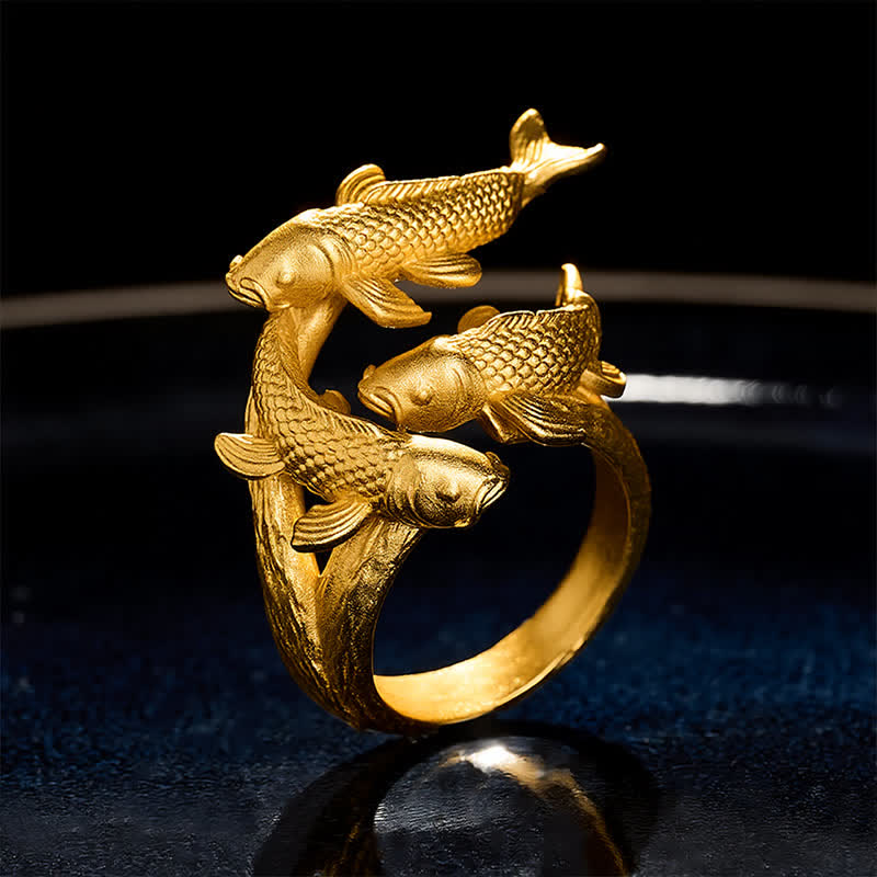 Buddha Stones Anillo abierto Retro Alloy con tres peces koi y diseño de riqueza. - Tres peces koi (US7) - image 0