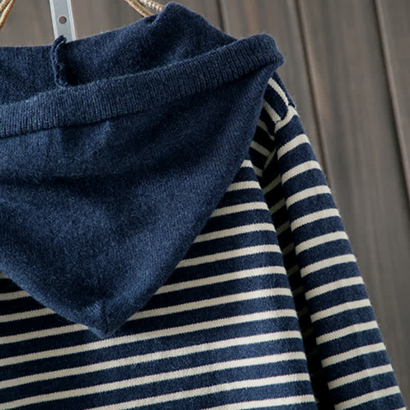 Buddha Stones Sudadera con capucha de algodón a rayas con cordón, estilo casual clásico de otoño/invierno para mujer. - image 5