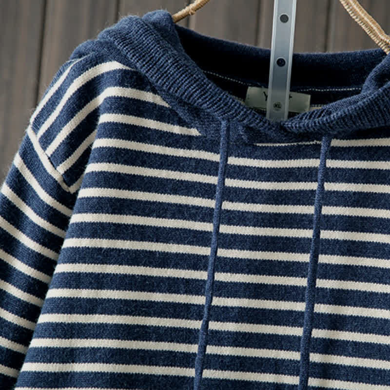Buddha Stones Sudadera con capucha de algodón a rayas con cordón, estilo casual clásico de otoño/invierno para mujer. - image 2