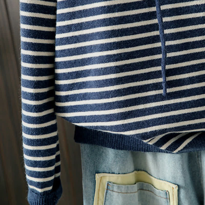 Buddha Stones Sudadera con capucha de algodón a rayas con cordón, estilo casual clásico de otoño/invierno para mujer. - image 6