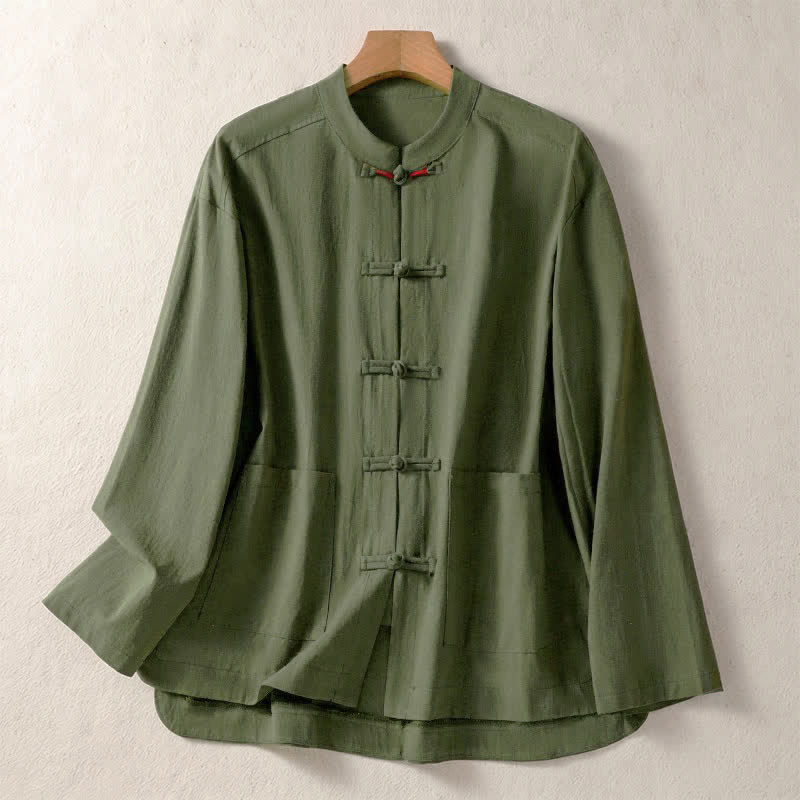 Buddha Stones Camisas de manga larga para mujer de estilo vintage Tang con botones de rana, cuello mandarín y bolsillos. - Verde oliva oscuro - US8-10, UK/AU12-14, EU40-42 (2XL) - image 0