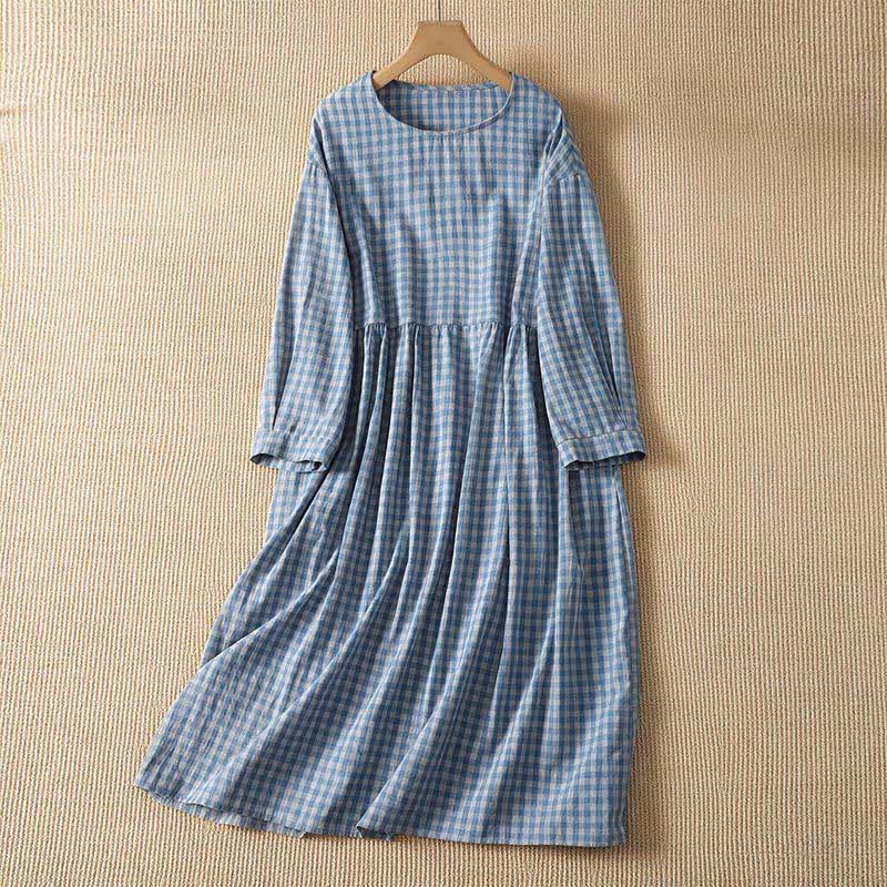 Buddha Stones Vestido de manga larga con cuello redondo y bolsillos para mujer, estilo vintage, a cuadros azules y blancos, ideal para primavera y otoño. - Azul acero claro - US14, UK/AU18, EU46 (2XL) - image 0