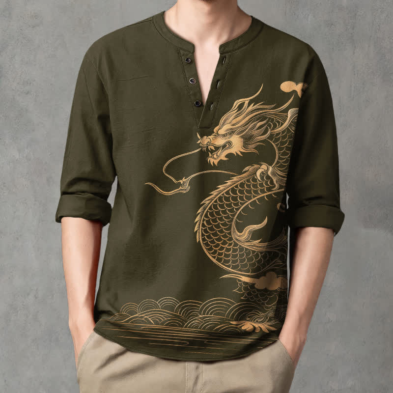 Buddha Stones Camisas de manga larga para hombre de algodón con cuello en V y estampado de ondas de dragón dorado. - image 1