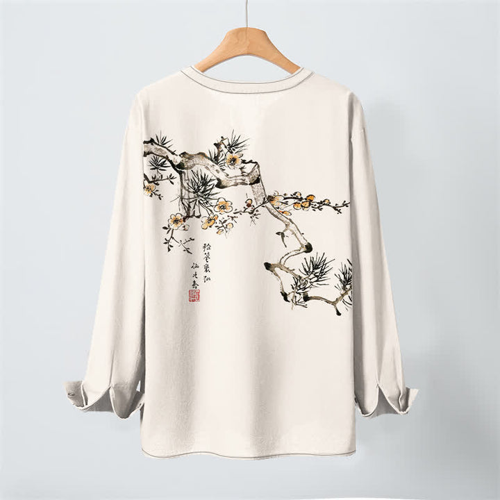 Buddha Stones Camisas de manga larga para hombre con cuello en V, estampado de flores amarillas y tinta de algodón. - image 3