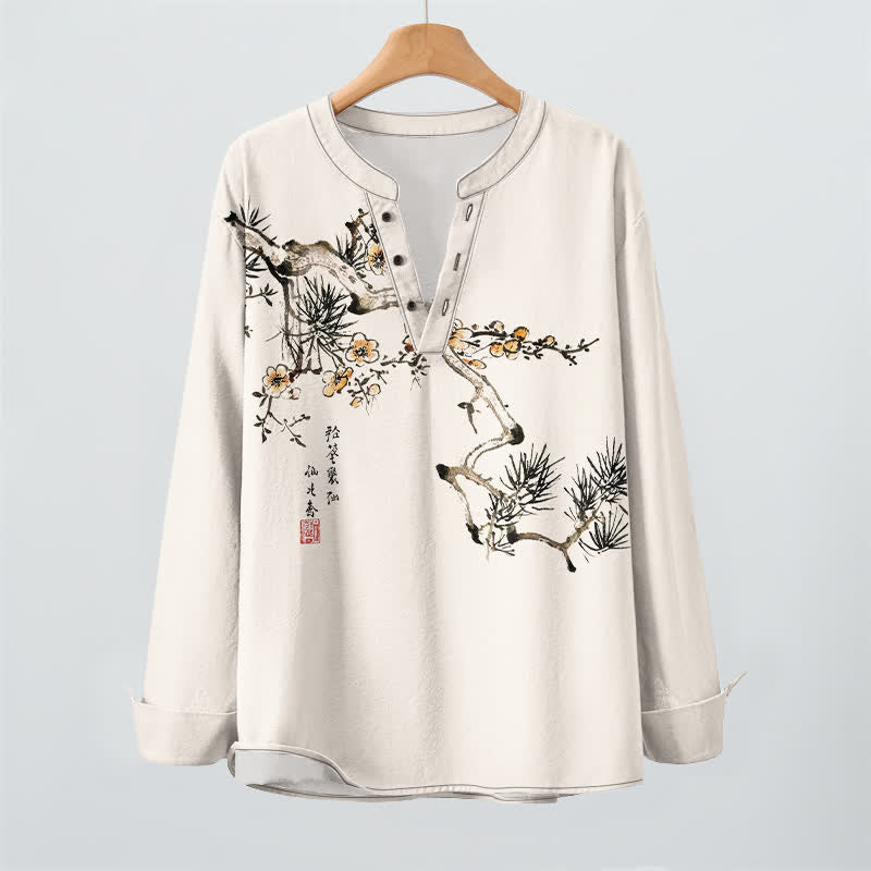 Buddha Stones Camisas de manga larga para hombre con cuello en V, estampado de flores amarillas y tinta de algodón. - image 2
