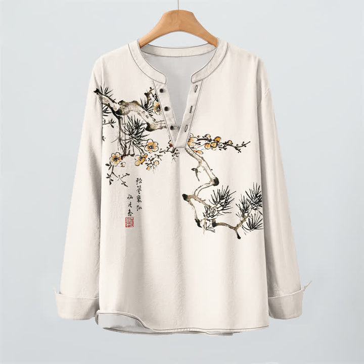 Buddha Stones Camisas de manga larga para hombre con cuello en V, estampado de flores amarillas y tinta de algodón. - image 2