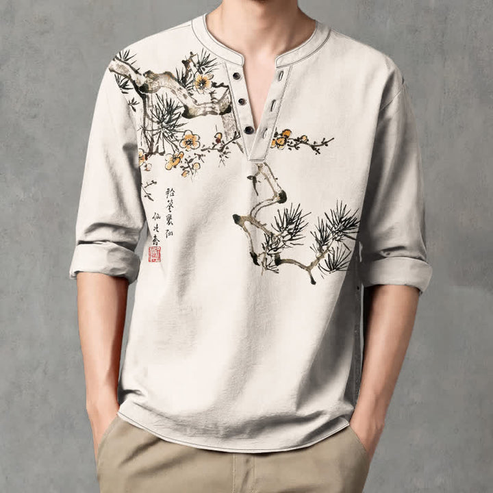 Buddha Stones Camisas de manga larga para hombre con cuello en V, estampado de flores amarillas y tinta de algodón. - Lino - US/UK/AU48, UE58 (4XL) - image 0