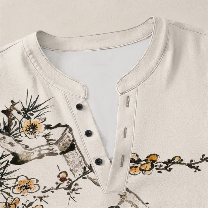 Buddha Stones Camisas de manga larga para hombre con cuello en V, estampado de flores amarillas y tinta de algodón. - image 4