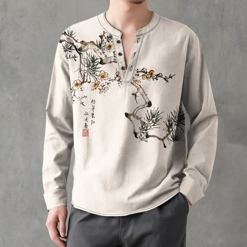 Buddha Stones Camisas de manga larga para hombre con cuello en V, estampado de flores amarillas y tinta de algodón. - image 1
