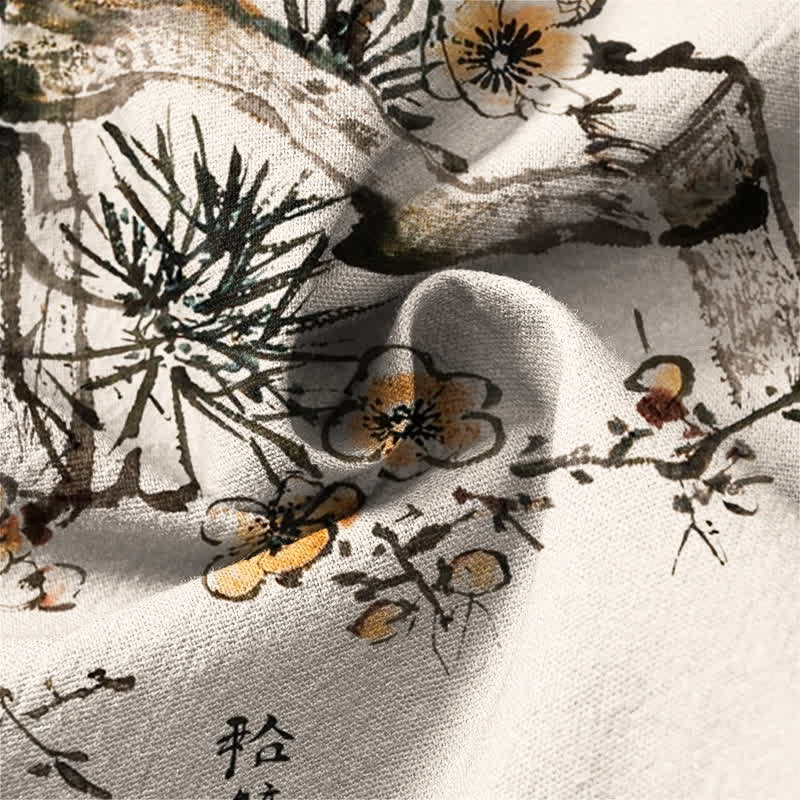 Buddha Stones Camisas de manga larga para hombre con cuello en V, estampado de flores amarillas y tinta de algodón. - image 6