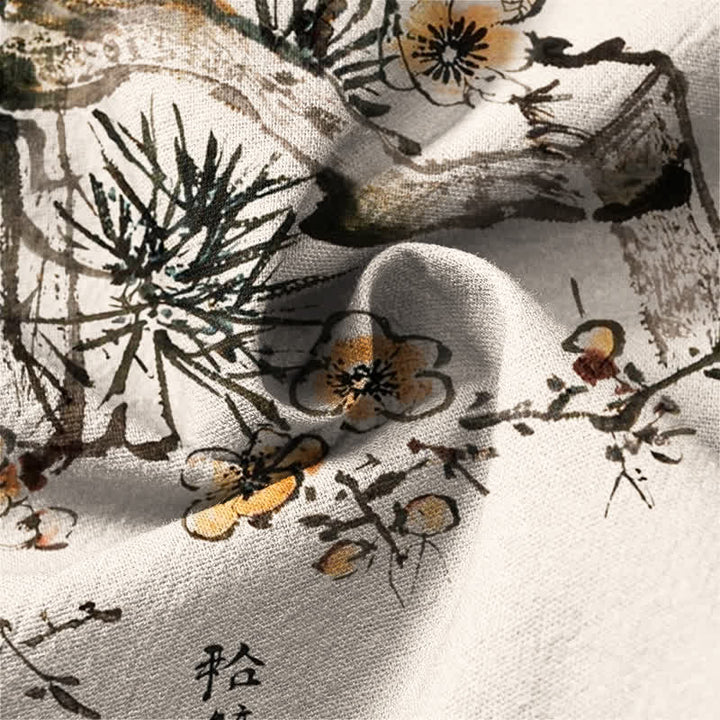 Buddha Stones Camisas de manga larga para hombre con cuello en V, estampado de flores amarillas y tinta de algodón. - image 6
