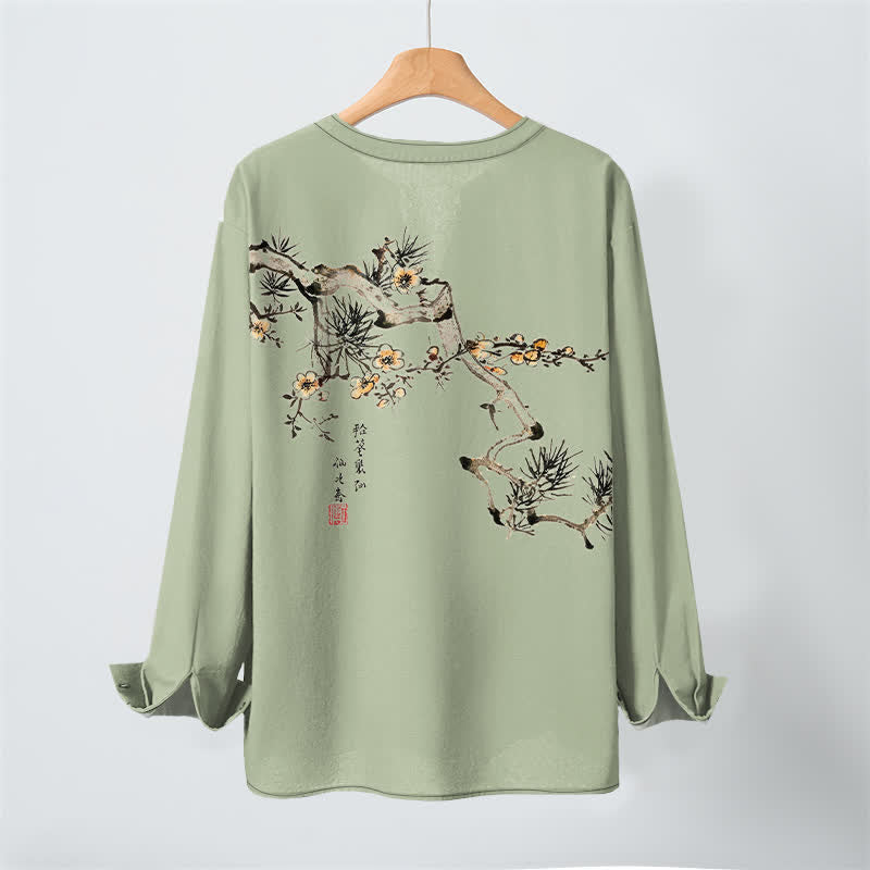 Buddha Stones Camisas de manga larga para hombre con cuello en V, estampado de flores amarillas y tinta de algodón. - image 10