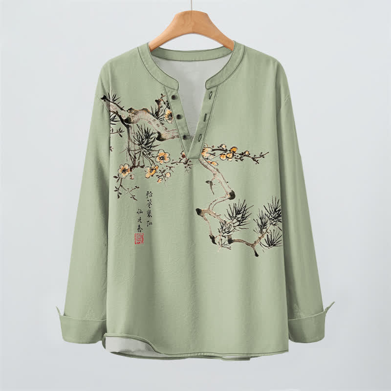 Buddha Stones Camisas de manga larga para hombre con cuello en V, estampado de flores amarillas y tinta de algodón. - image 9