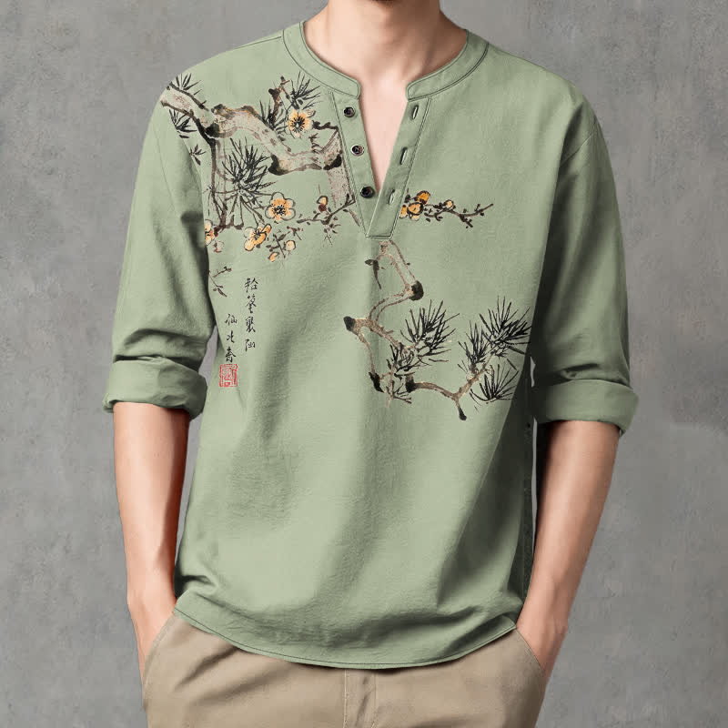 Buddha Stones Camisas de manga larga para hombre con cuello en V, estampado de flores amarillas y tinta de algodón. - Verde mar oscuro - US/UK/AU48, UE58 (4XL) - image 7