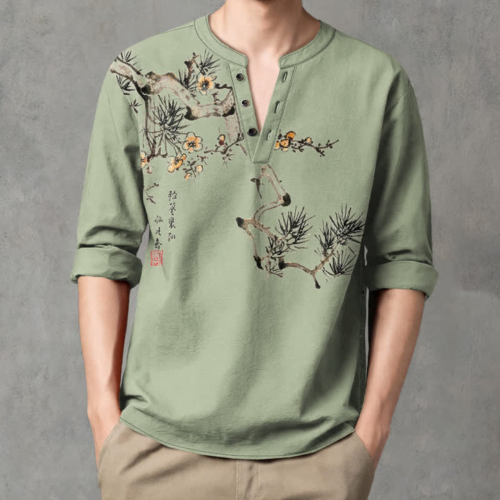 Buddha Stones Camisas de manga larga para hombre con cuello en V, estampado de flores amarillas y tinta de algodón. - Verde mar oscuro - US/UK/AU48, UE58 (4XL) - image 7