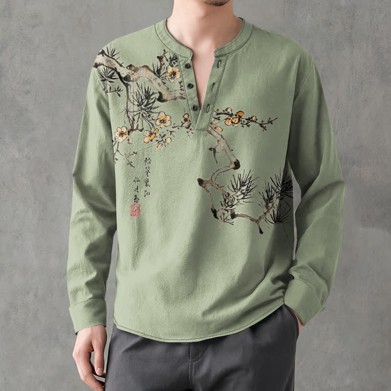 Buddha Stones Camisas de manga larga para hombre con cuello en V, estampado de flores amarillas y tinta de algodón. - image 8