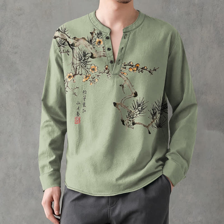 Buddha Stones Camisas de manga larga para hombre con cuello en V, estampado de flores amarillas y tinta de algodón. - image 8